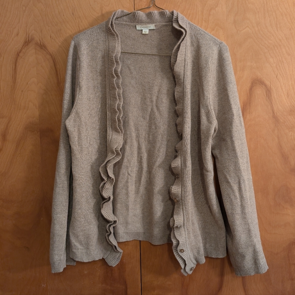 Garnet Hill XS Taupe Ruffled Cardigan Cashmere Sweater